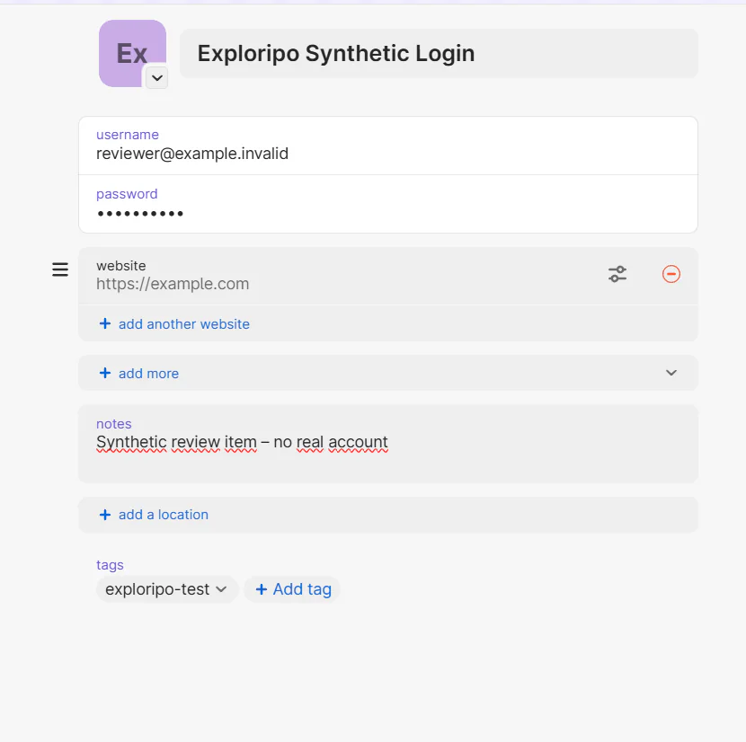 Synthetic Login reopened in 1Password with its password masked