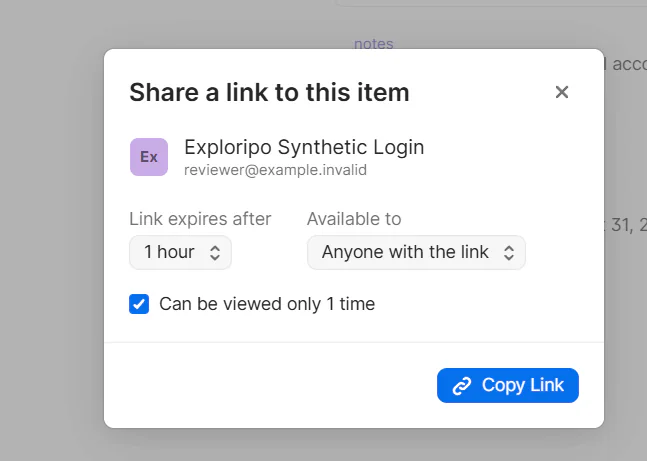 1Password sharing dialog configured for one hour and one view