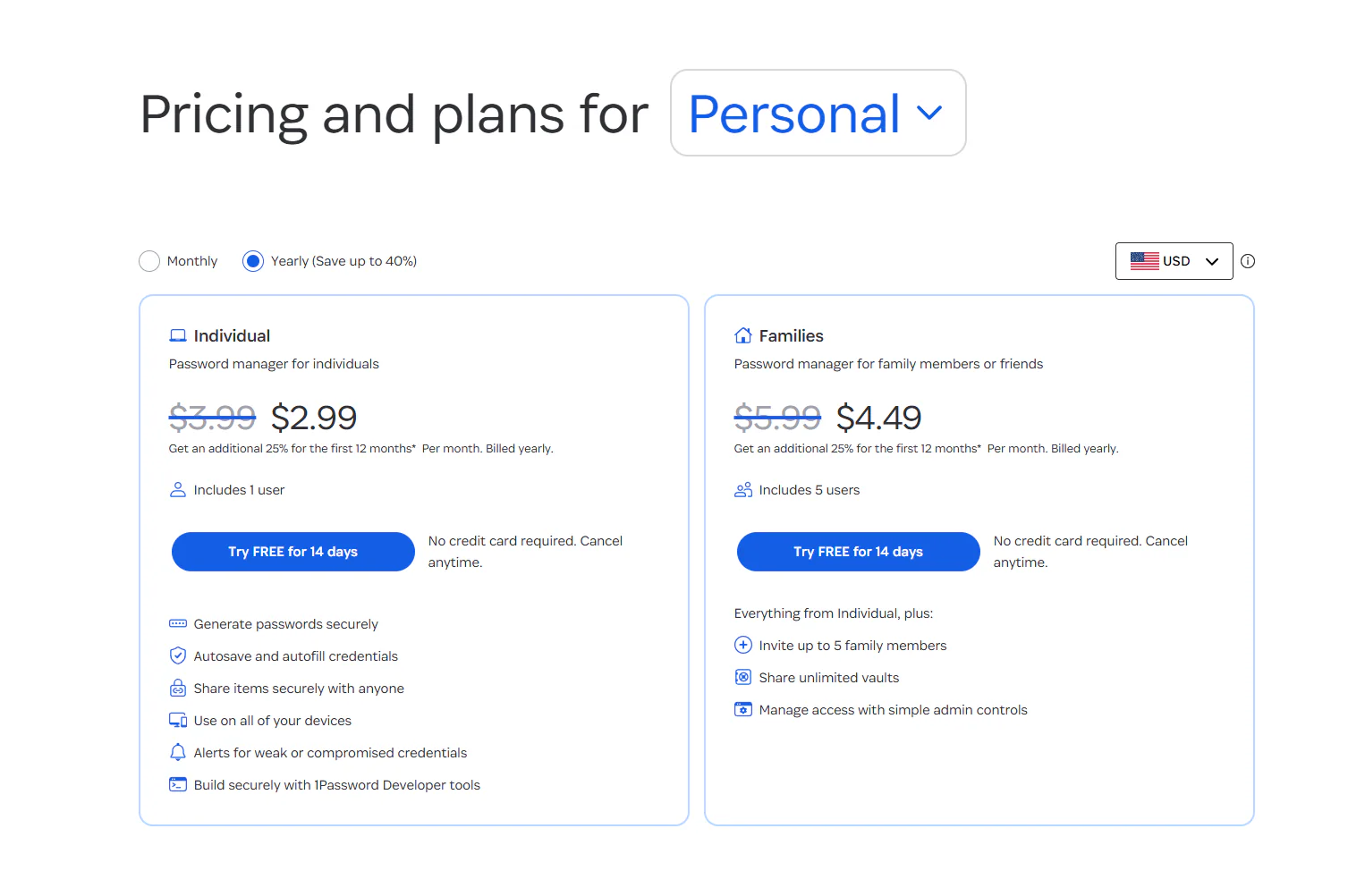 1Password Individual and Families annual introductory pricing