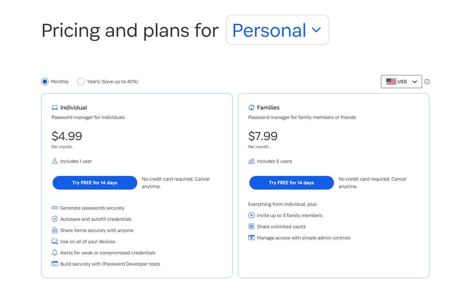 1Password Individual and Families monthly pricing