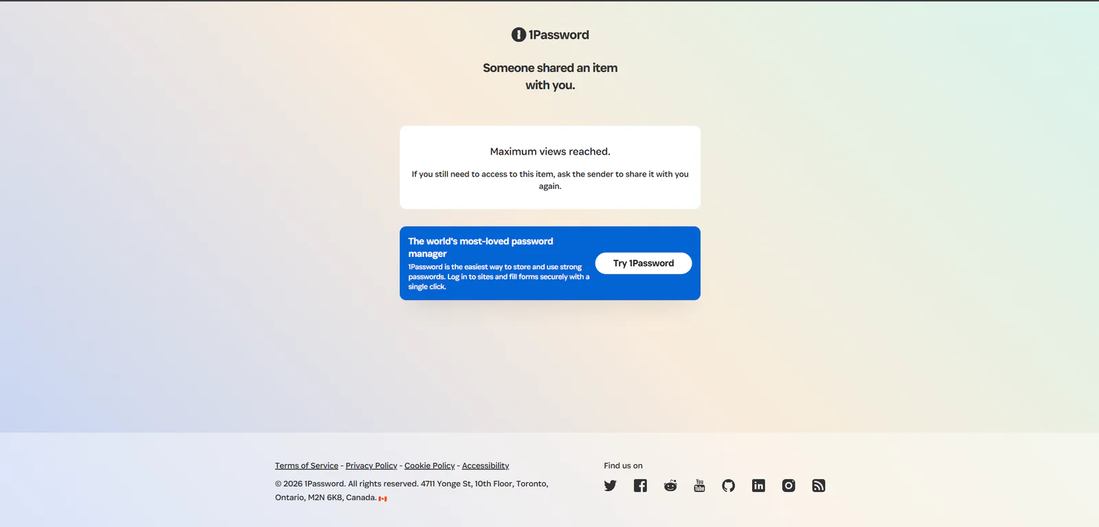 1Password page showing that the maximum number of views was reached