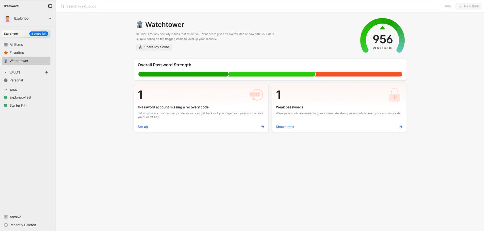 Watchtower score reduced to 956 with one weak-password warning
