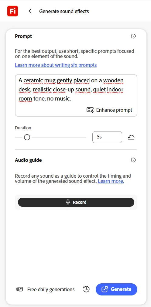 Controlled five-second ceramic mug sound-effect prompt in Adobe Firefly