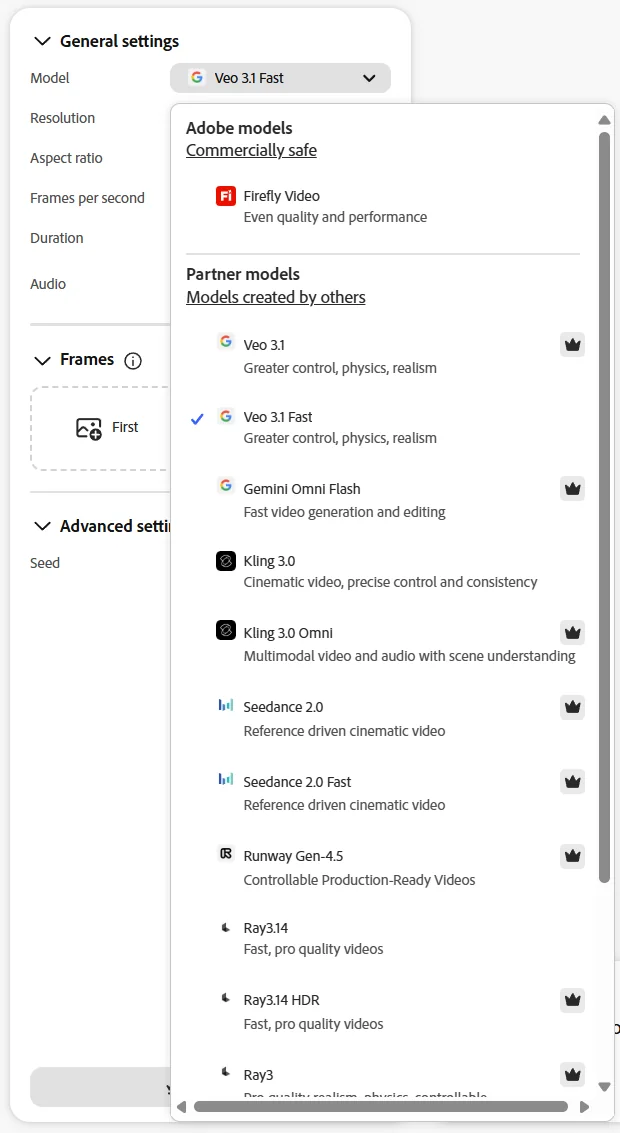 Adobe Firefly video selector separating Adobe and partner models