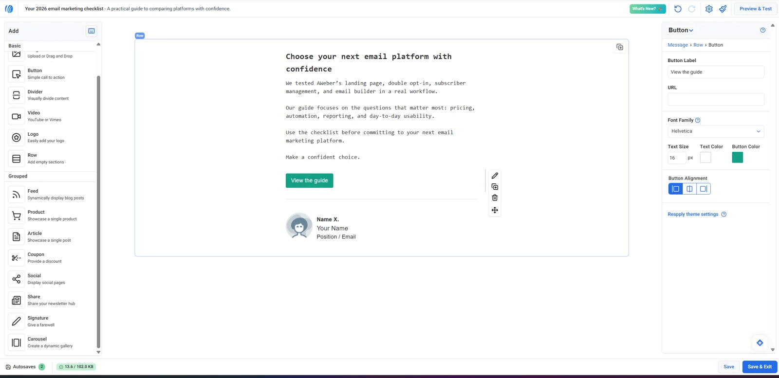 AWeber broadcast editor with controlled content and button settings