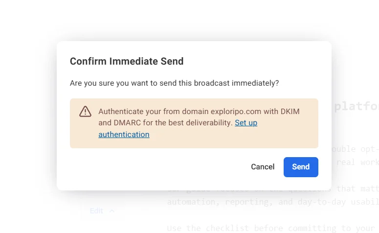 AWeber DKIM and DMARC warning before the controlled broadcast