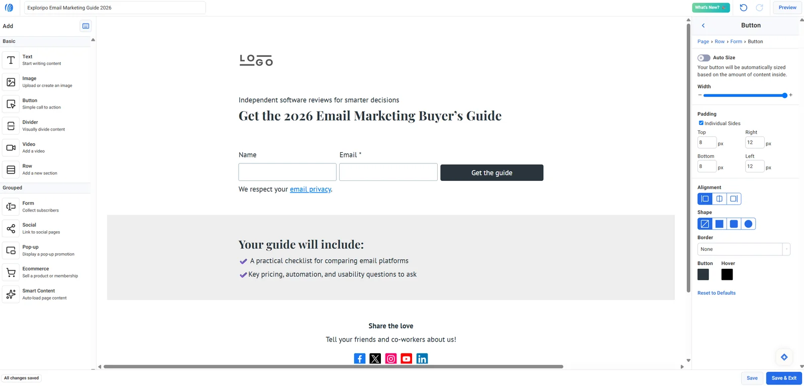 Customized AWeber landing page in the autosaving editor