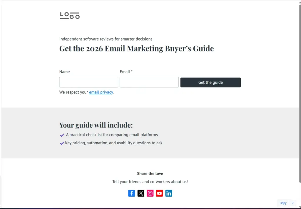 Controlled AWeber landing page rendered in public view