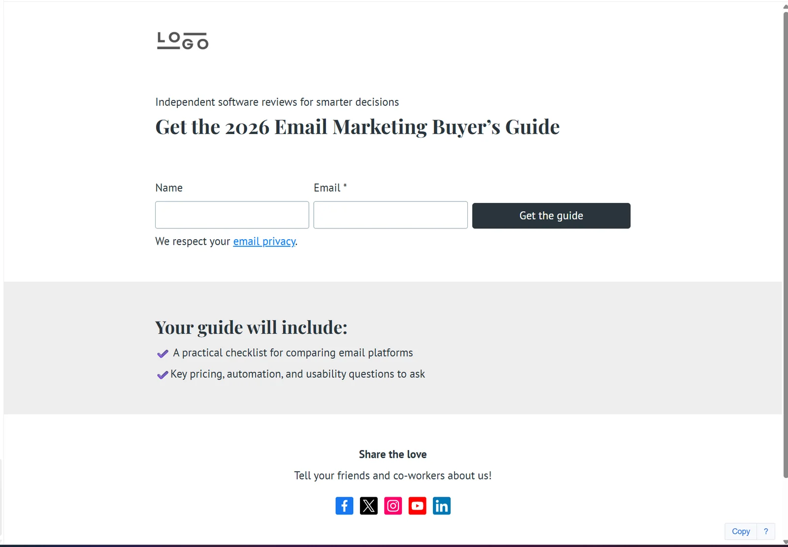 Controlled AWeber landing page rendered in public view