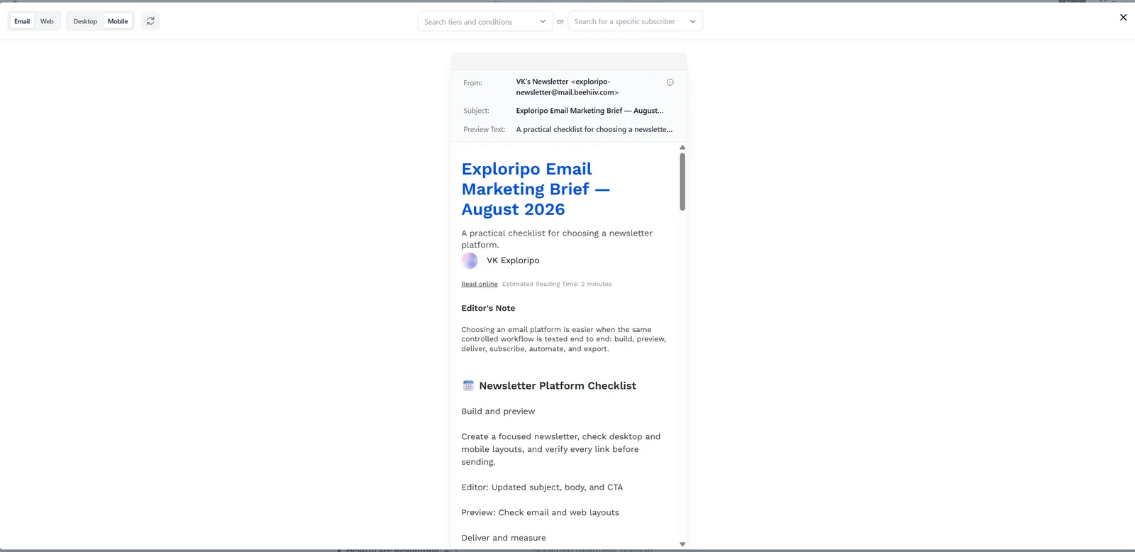 Mobile email preview in Beehiiv