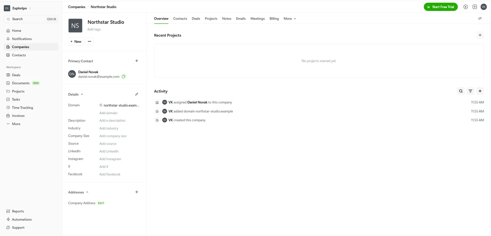 Fictional company and contact record in Bonsai