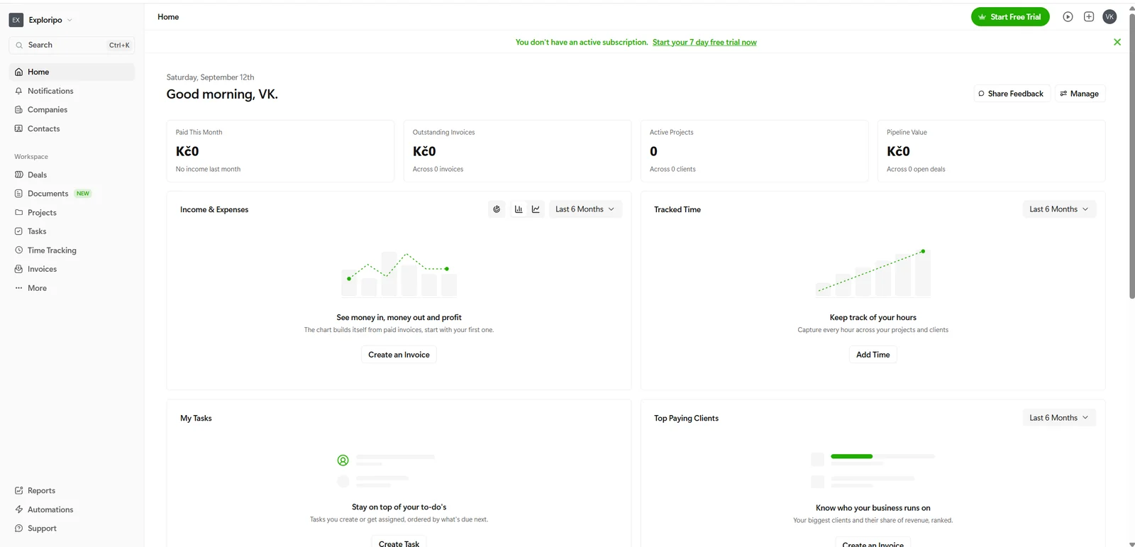 Bonsai dashboard showing no active subscription or trial