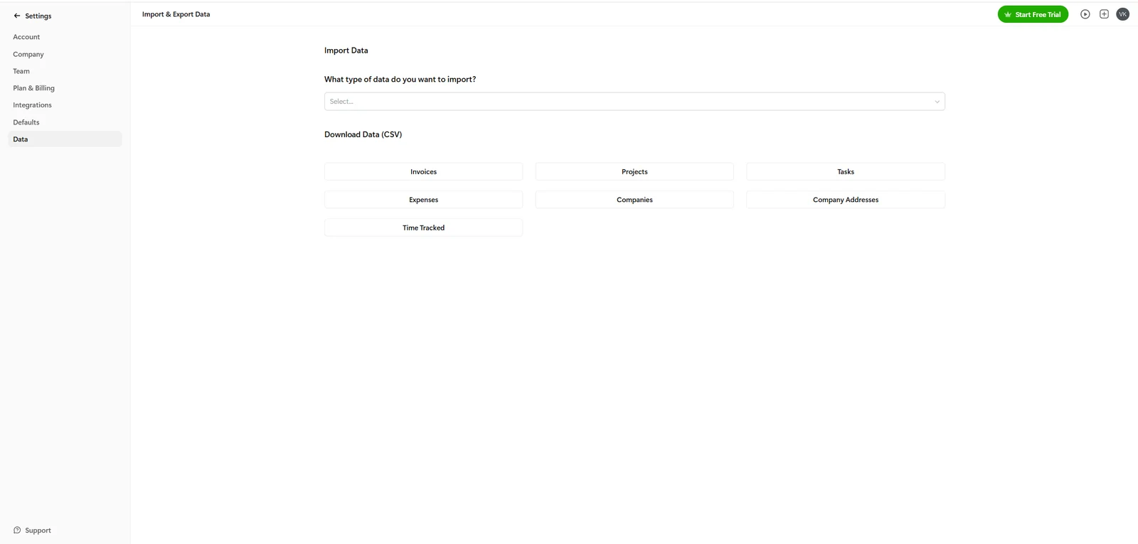 Bonsai account data export options for core datasets