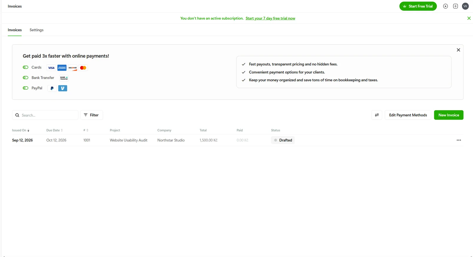 Bonsai invoice list retaining the fictional draft invoice