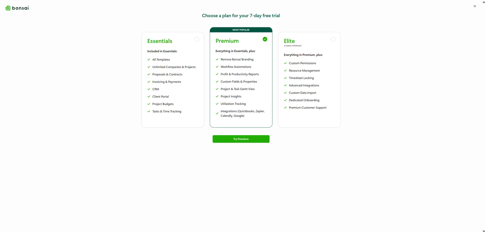 Bonsai trial selector opened by invoice PDF download