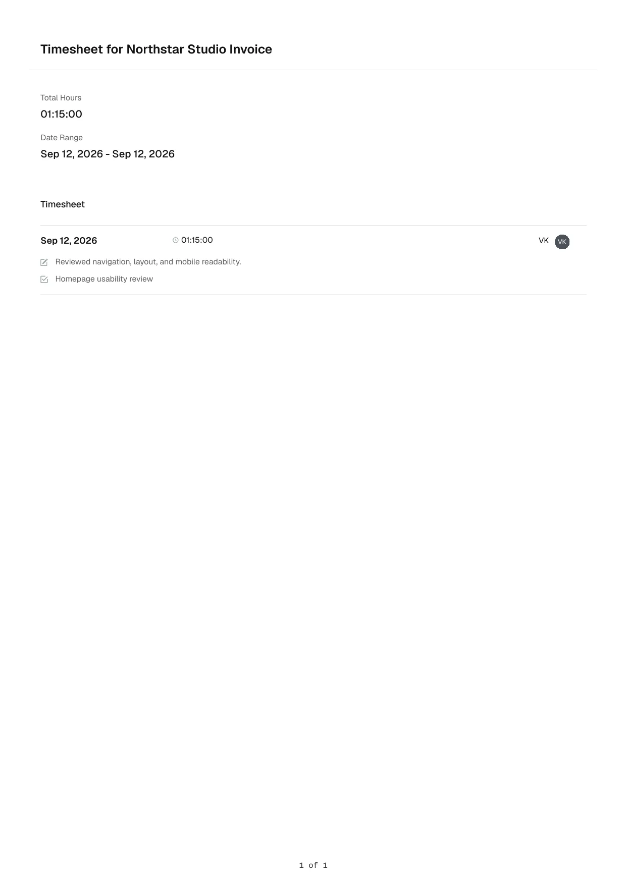 Rendered Bonsai timesheet PDF for the controlled project