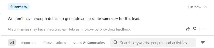 Close Lead Summary message stating that there were not enough details to generate an accurate summary