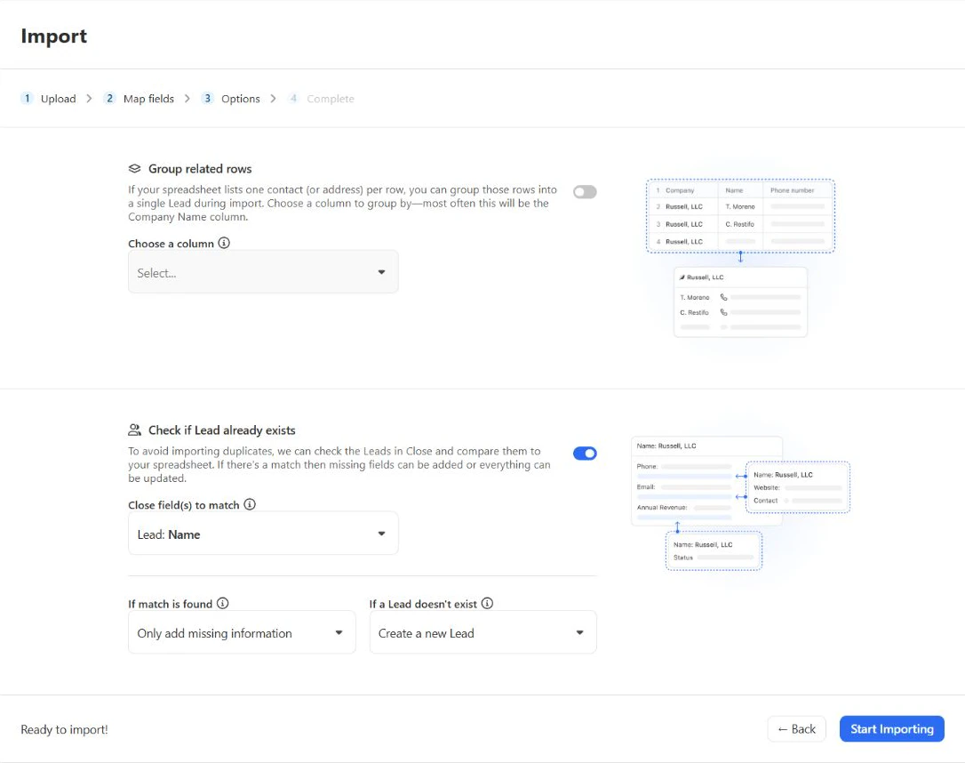 Close import options for grouping related rows, matching existing leads by name and adding missing information
