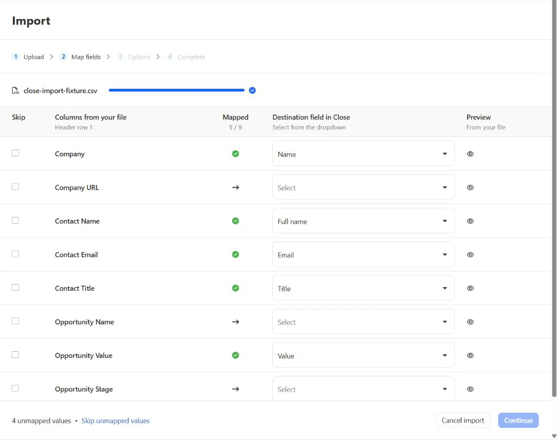 Close CSV import mapping screen showing company and contact fields, five of nine mapped columns and unresolved destination fields