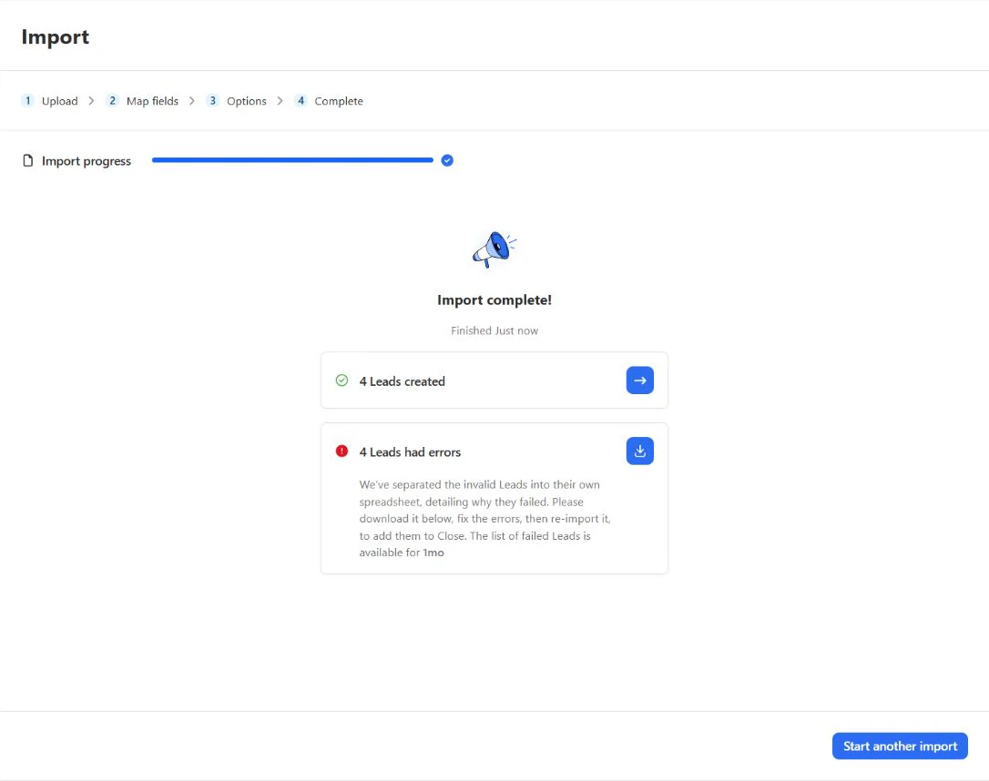 Close import completion screen reporting four leads created and four leads with errors