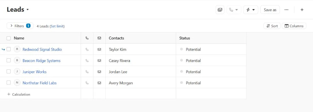 Close Leads list showing four fictional imported companies, contacts and Potential statuses