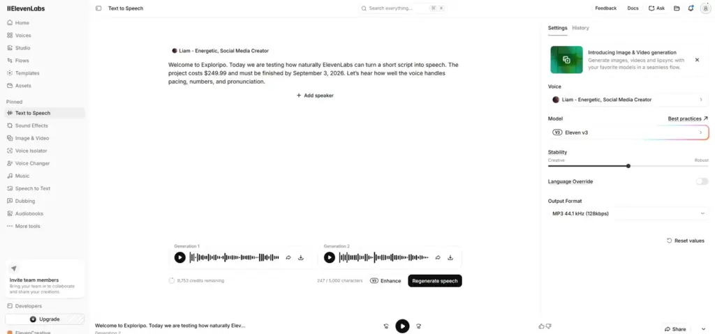ElevenLabs Text to Speech results showing two Eleven v3 generations for the English test script.