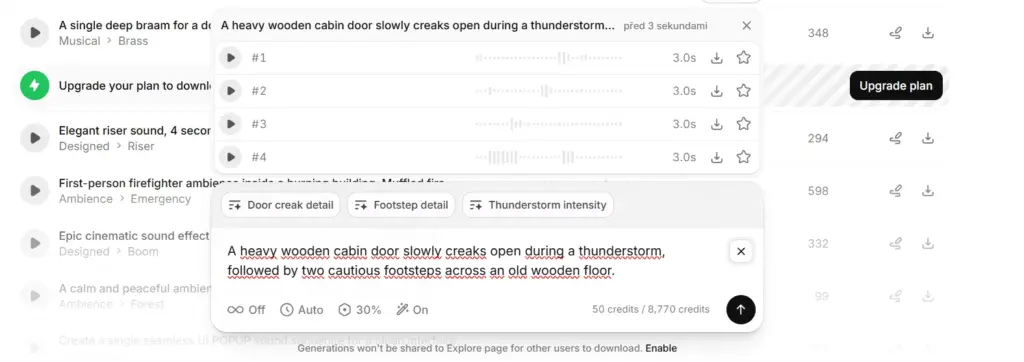 ElevenLabs Sound Effects results showing four generated variants with public sharing disabled.