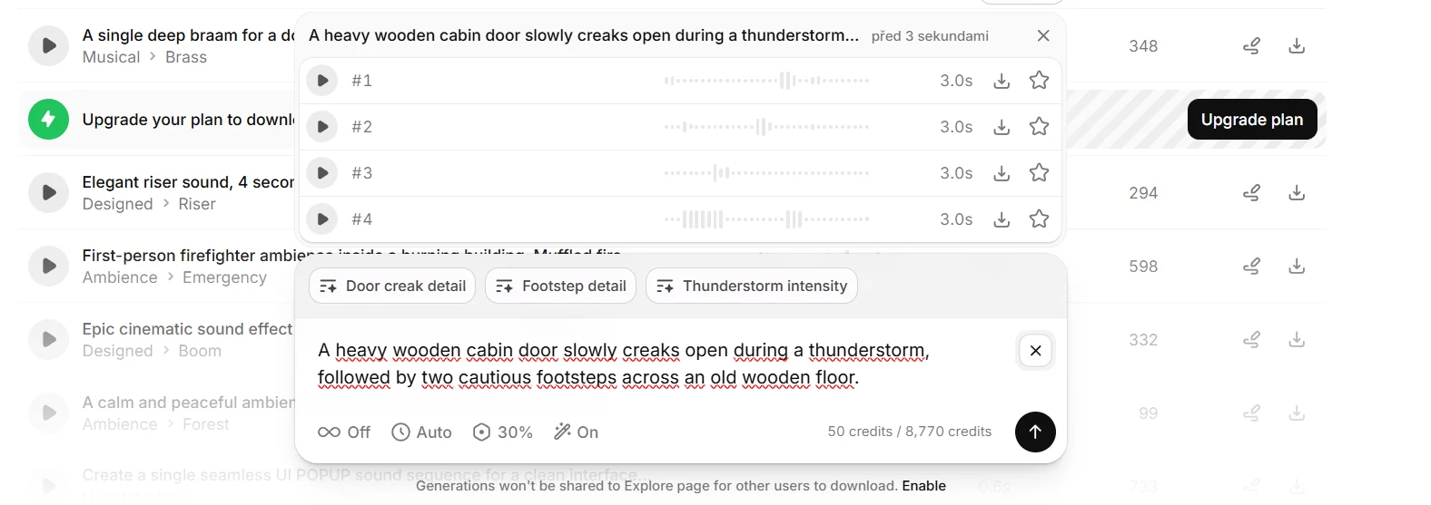 ElevenLabs Sound Effects results showing four generated variants with public sharing disabled.