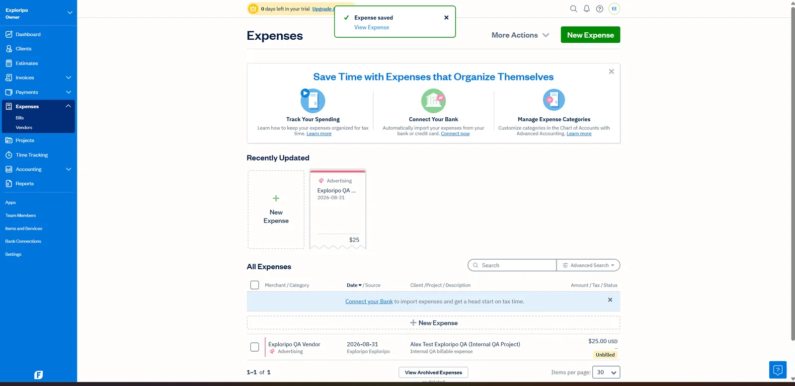 FreshBooks 25-dollar project expense saved as unbilled