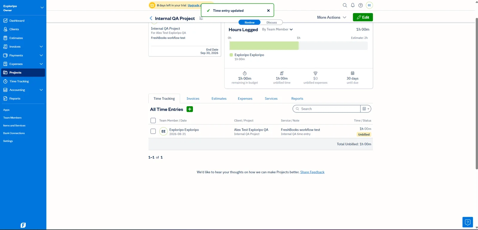 FreshBooks project after a one-hour billable time entry