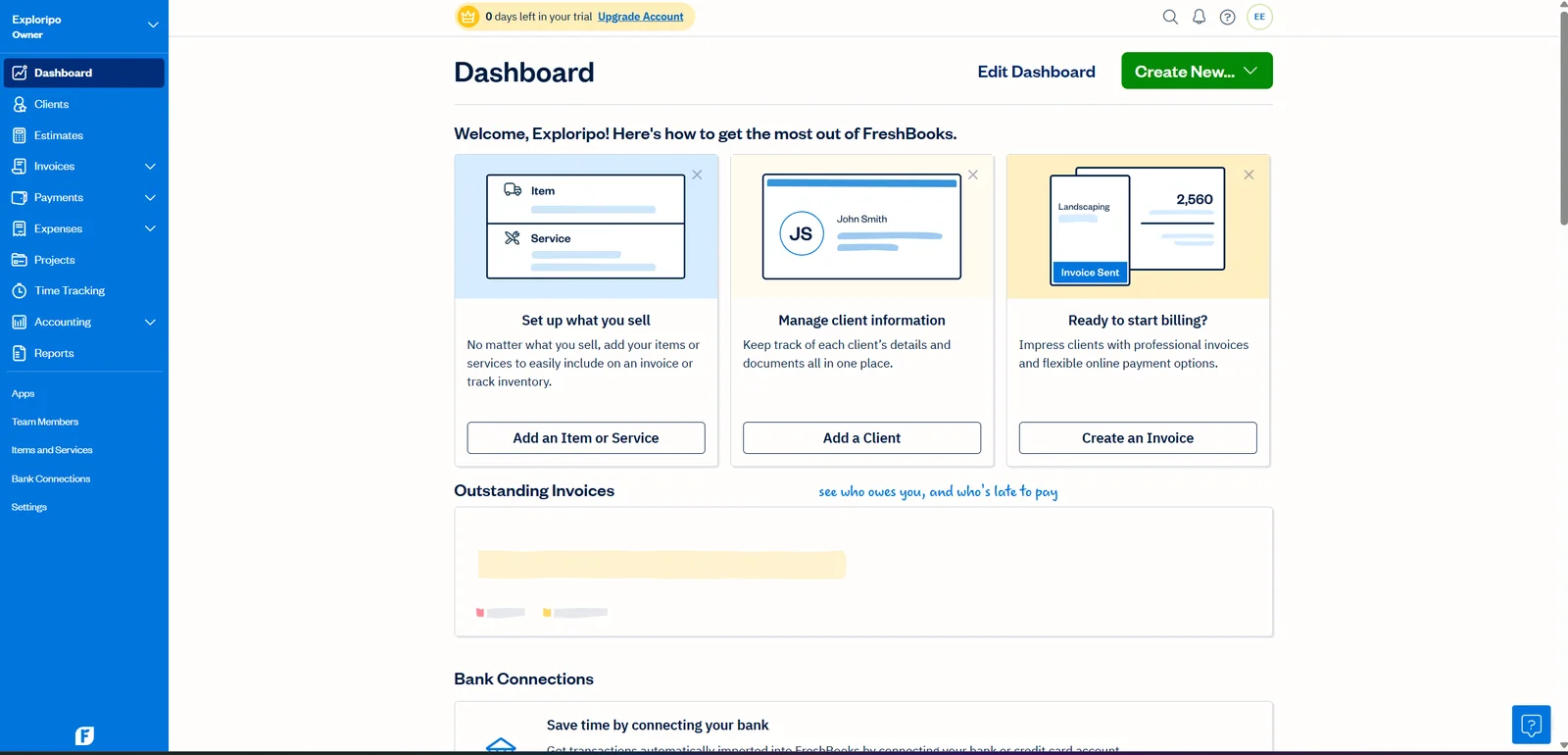 FreshBooks dashboard showing full navigation and a zero-day trial banner
