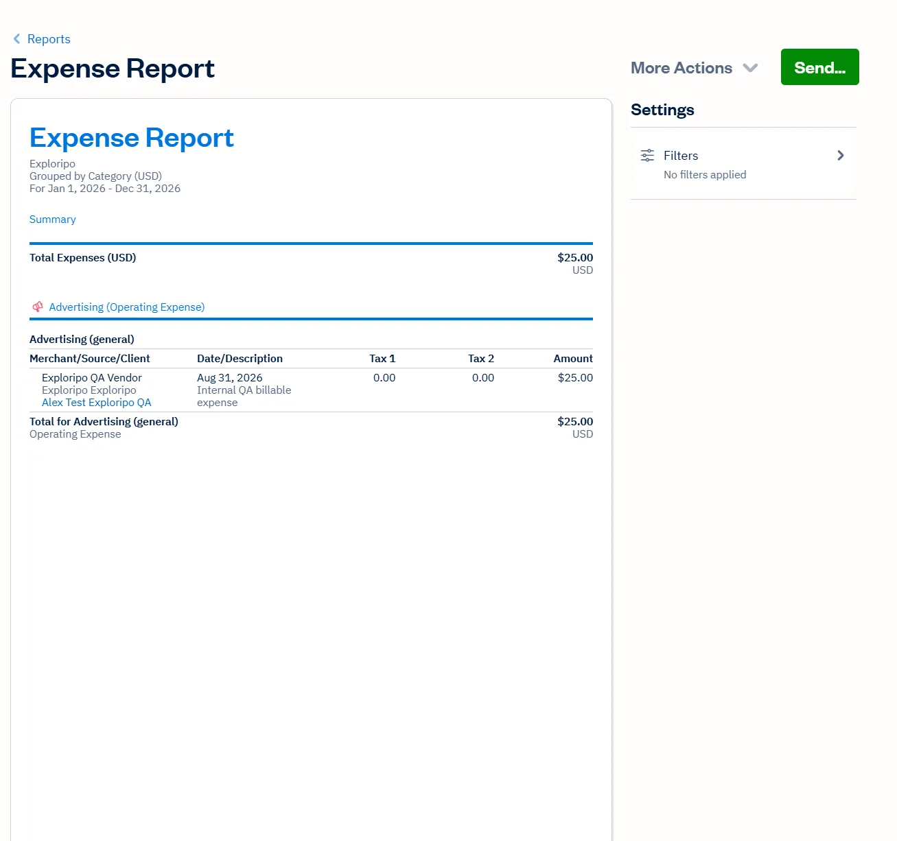 FreshBooks Expense Report grouping the 25-dollar fictional expense under Advertising