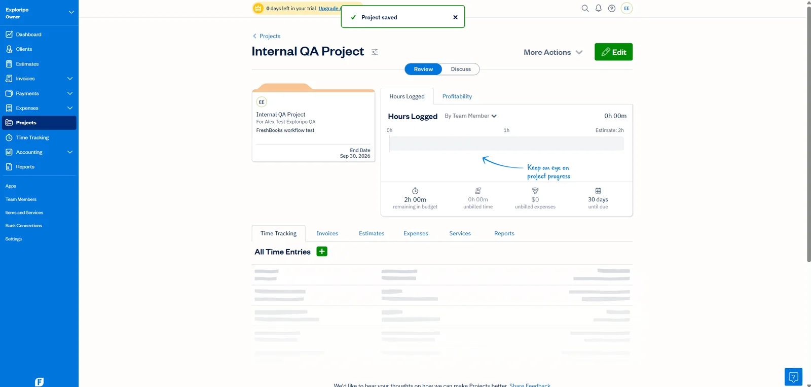 FreshBooks hourly project with a two-hour estimate