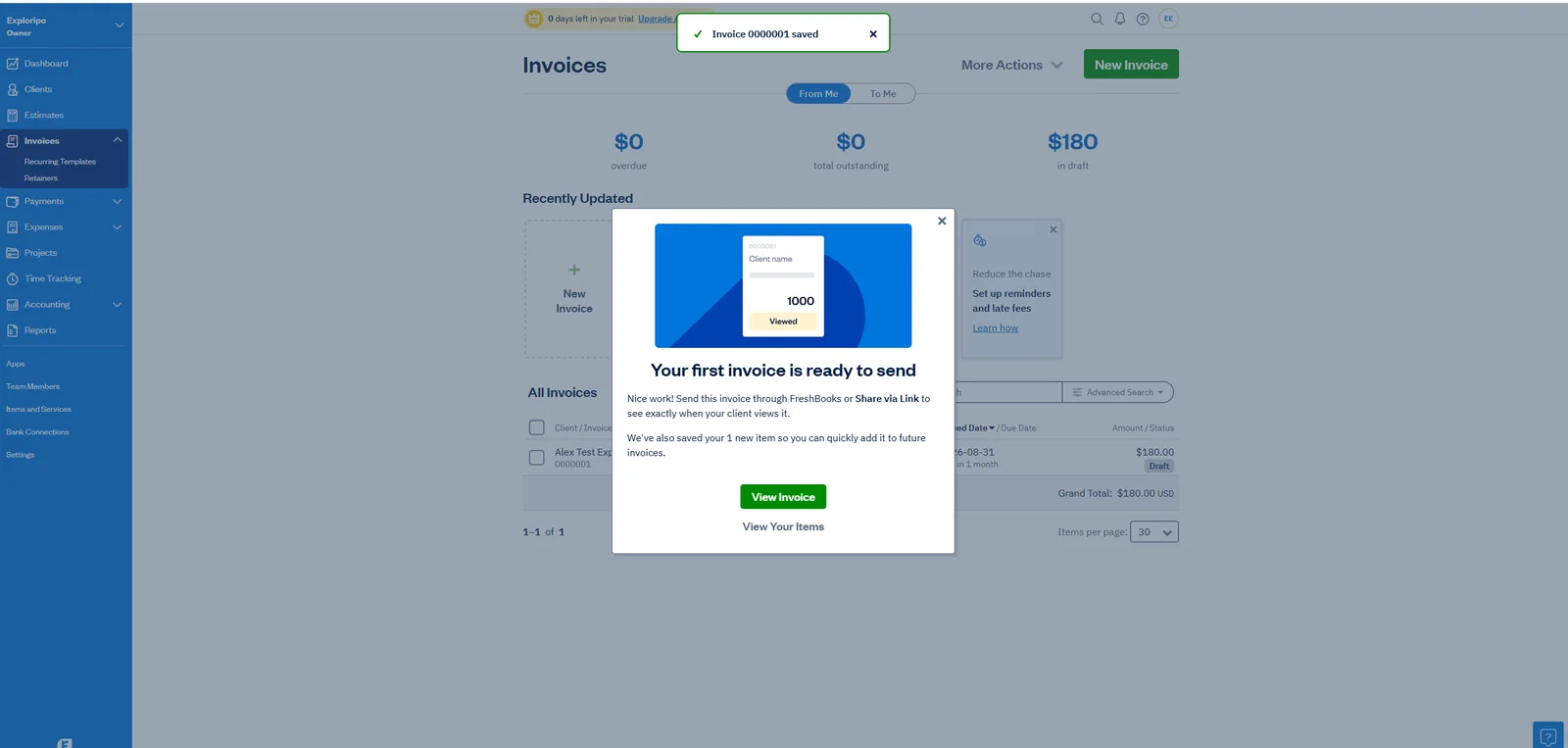 FreshBooks confirmation for a saved 180-dollar draft invoice