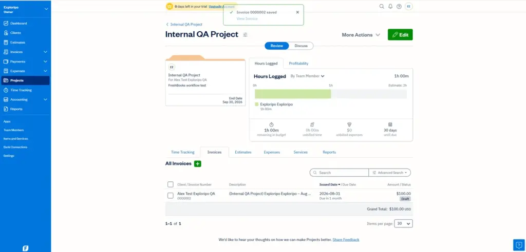 FreshBooks project after saving a 100-dollar draft invoice