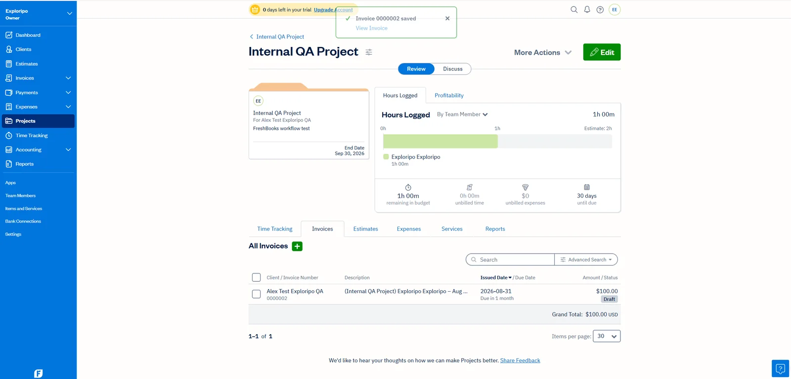 FreshBooks project after saving a 100-dollar draft invoice
