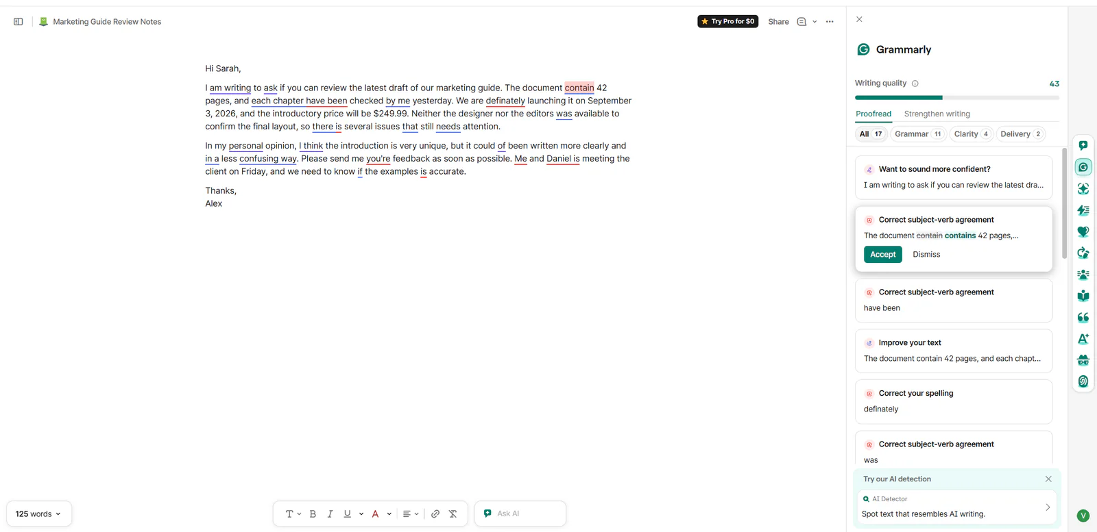 Grammarly baseline analysis showing a writing-quality score of 43