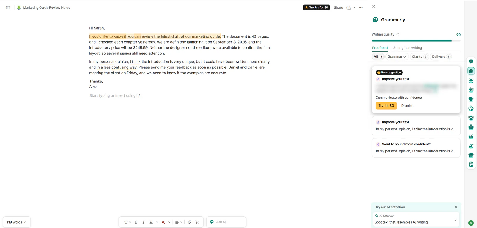 Grammarly document after Free corrections with a score of 90