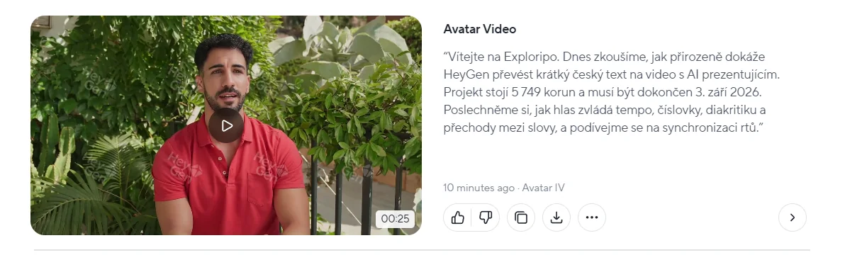 Completed Czech presenter video using the Adam voice