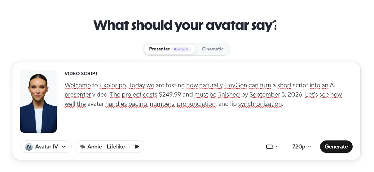 English HeyGen Avatar IV script with price and date before generation