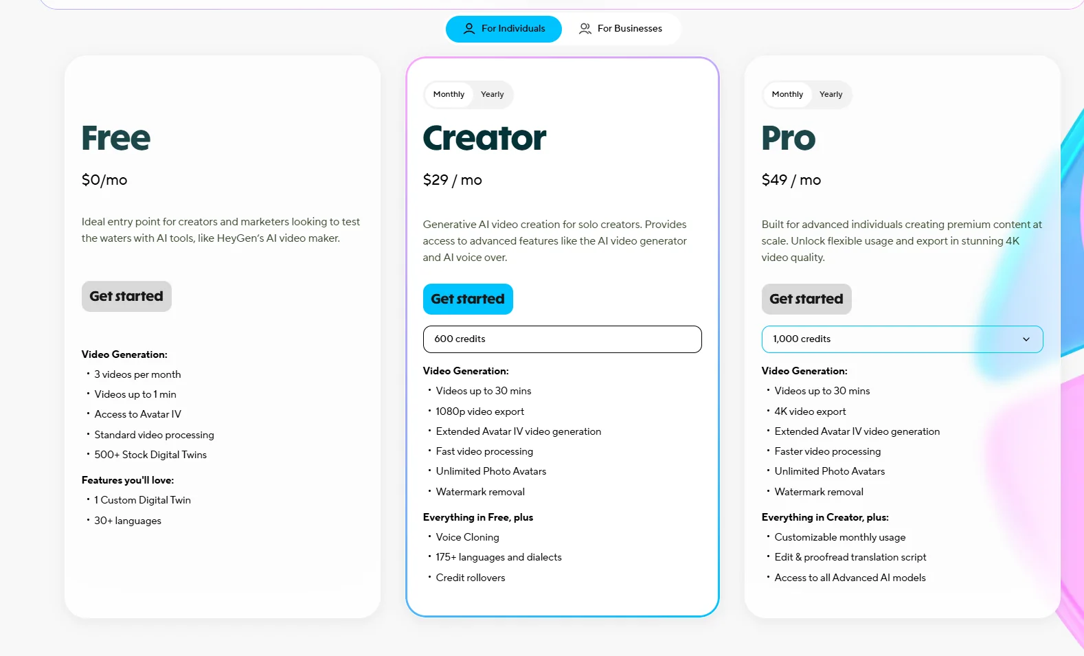 HeyGen Free, Creator, and Pro monthly pricing captured August 23, 2026