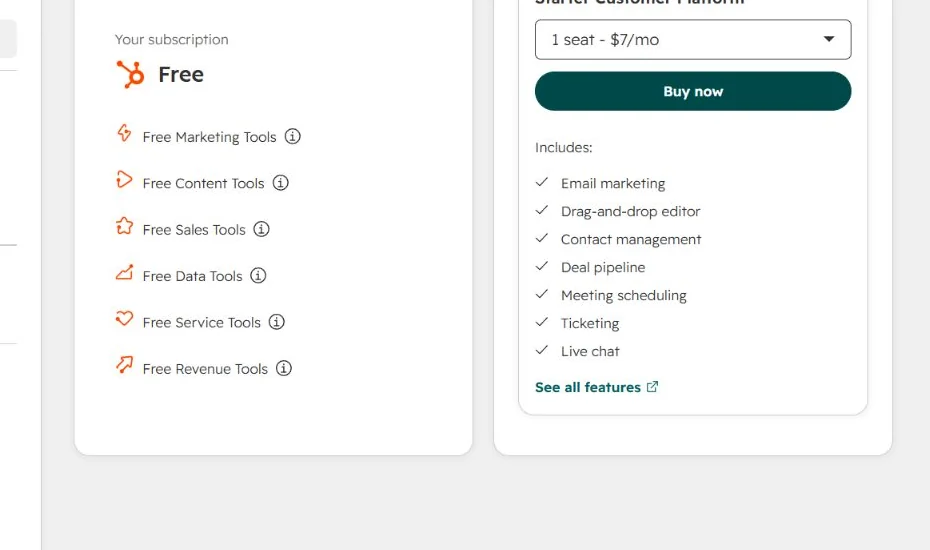 HubSpot account page showing a Free subscription and a separate Starter promotion