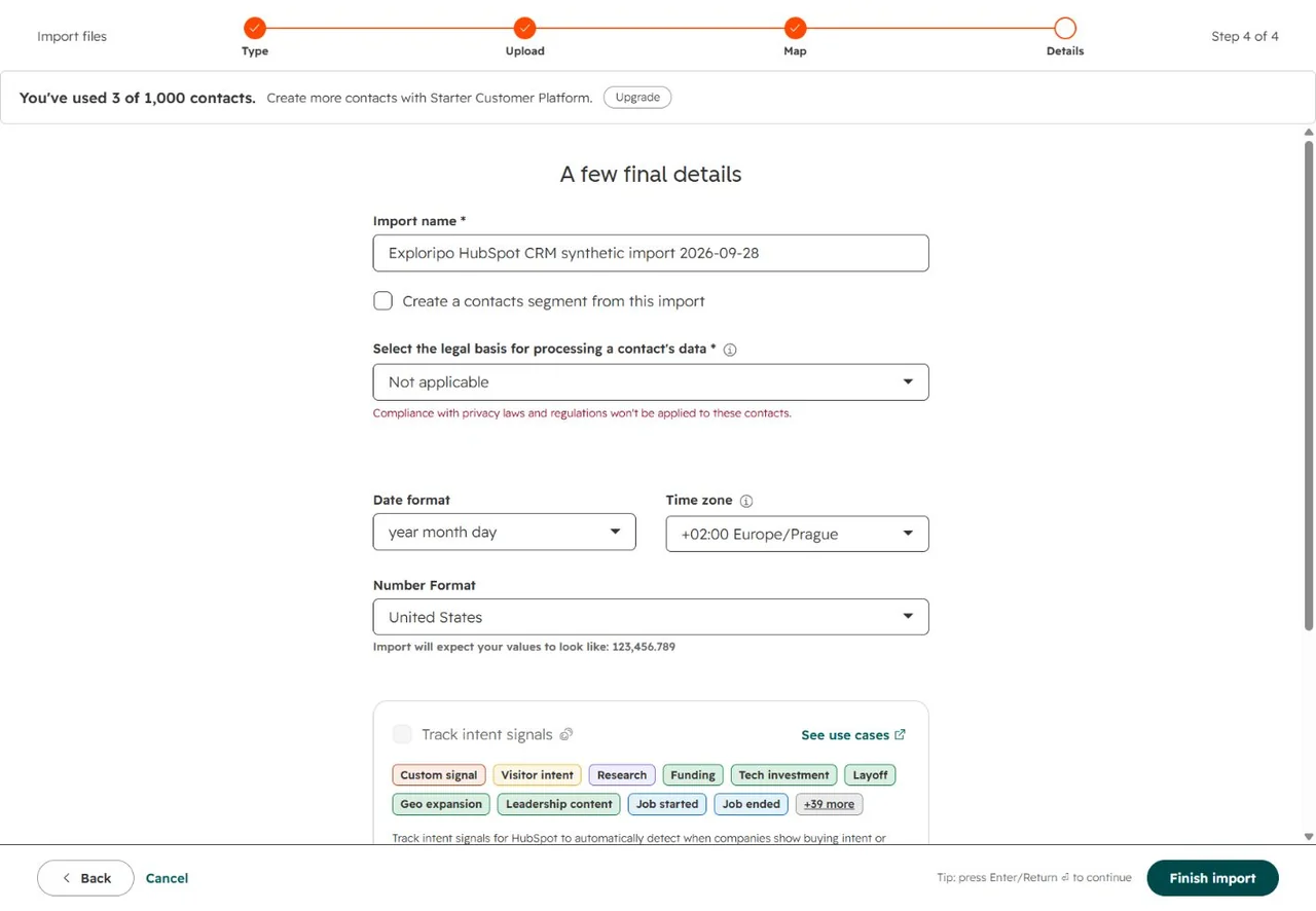 HubSpot import final-details screen with legal basis, date format, Europe Prague time zone and United States number format