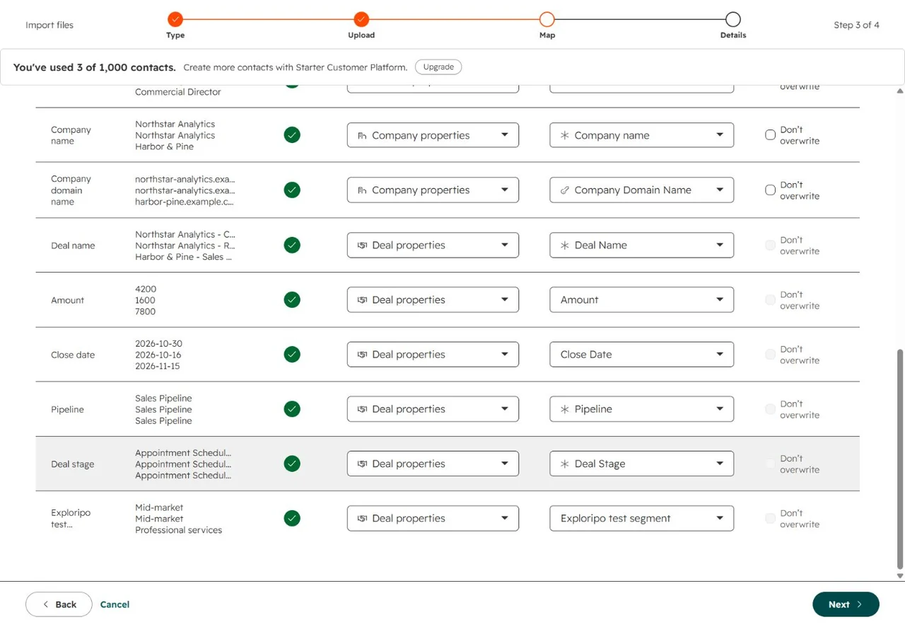 HubSpot import mapping screen with company, deal, amount, close date, pipeline, stage and custom test-segment fields