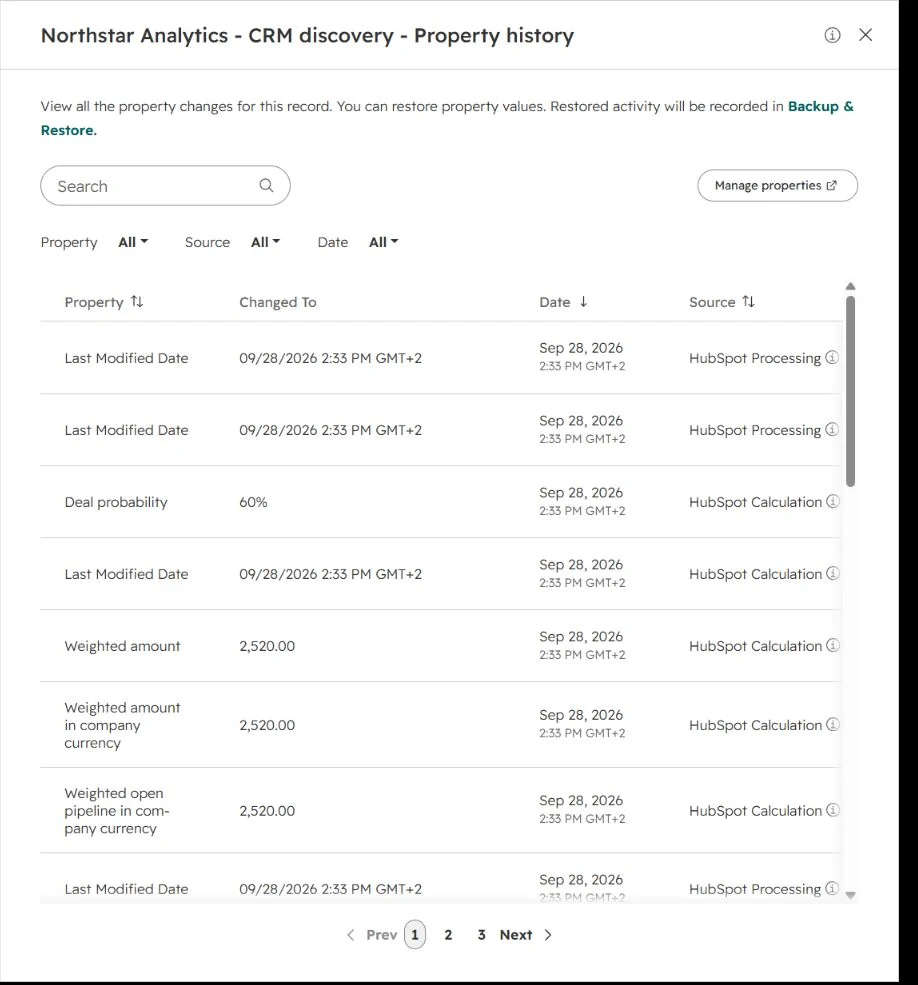HubSpot property history showing deal probability, weighted amount and dated processing entries