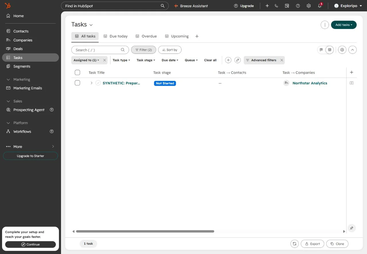 HubSpot Tasks page showing all, due today, overdue and upcoming views with a synthetic task
