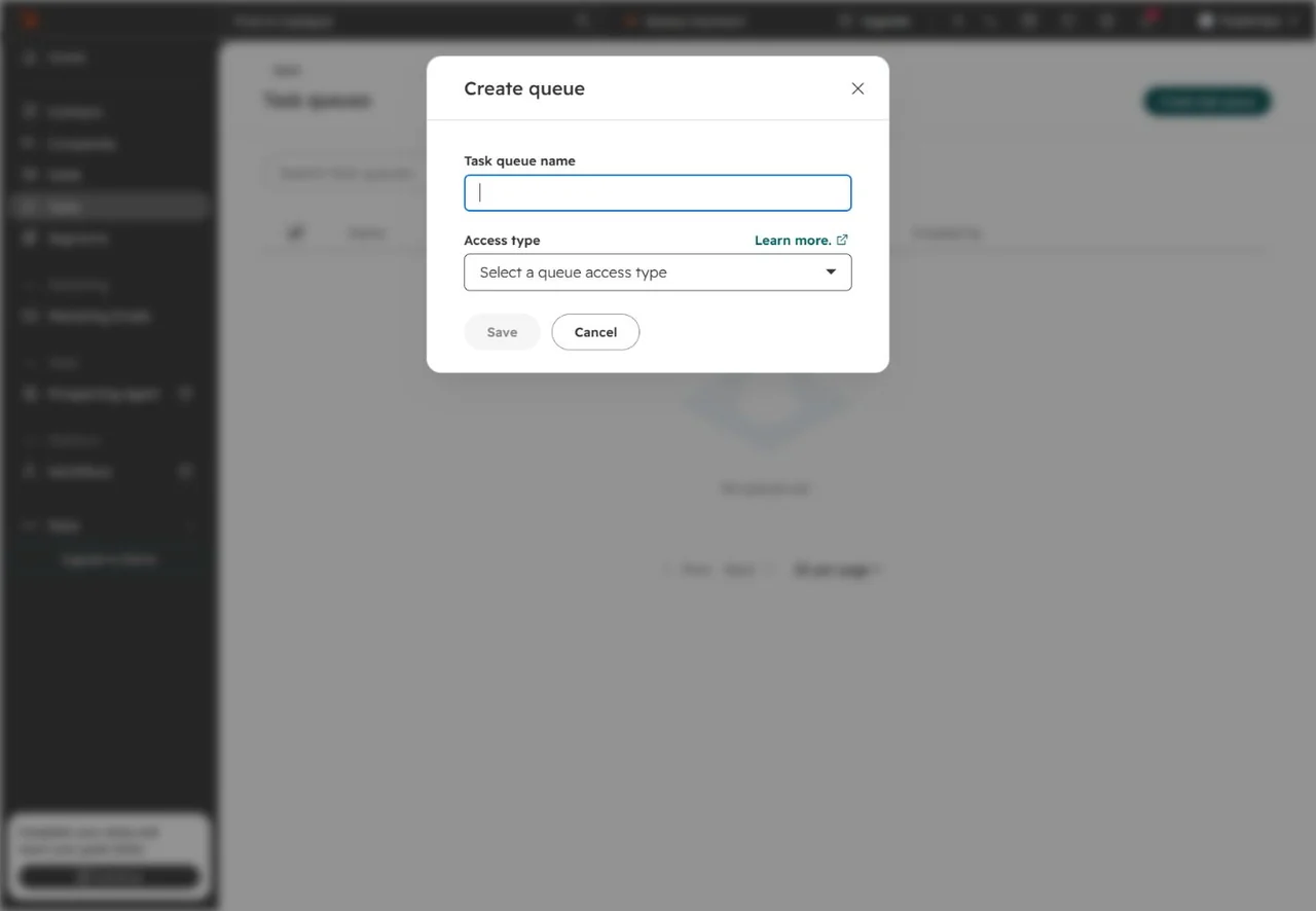 HubSpot create-queue dialog with queue name and access type fields