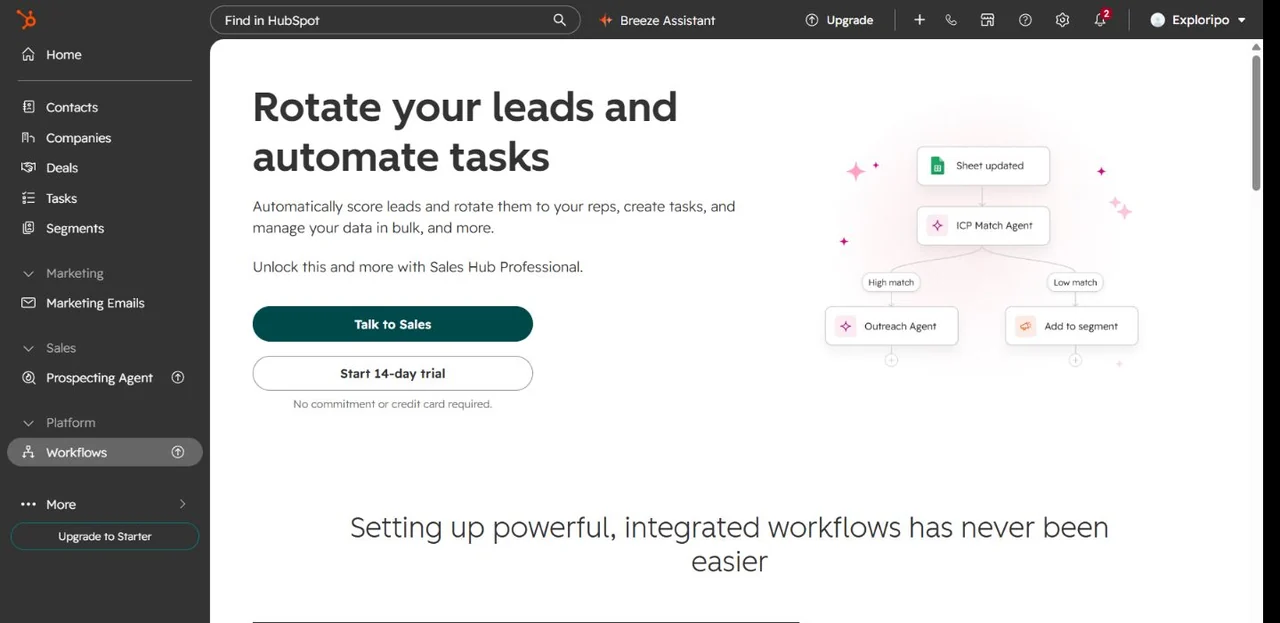 HubSpot Workflows page stating that lead rotation and task automation require Sales Hub Professional
