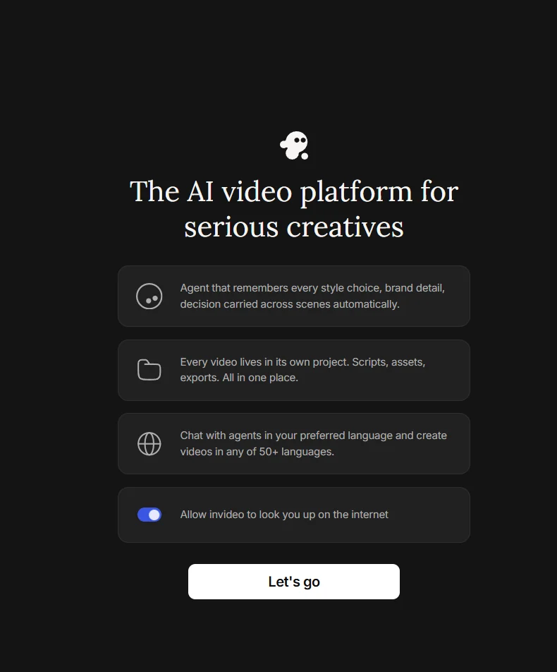 InVideo Agent Two onboarding explaining project context and optional internet lookup