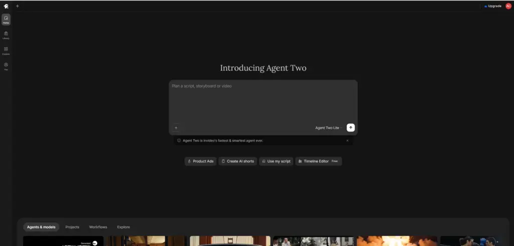 InVideo Agent Two Lite workspace with projects, workflows, and media models